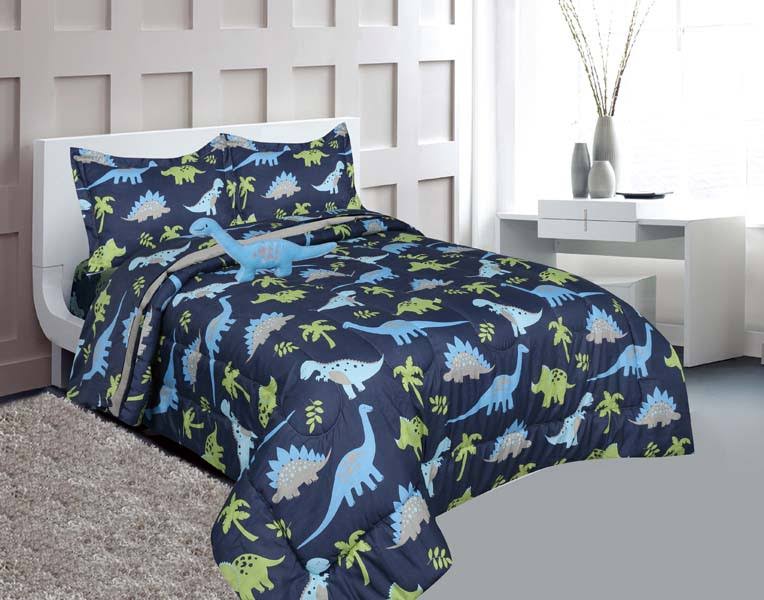 Full Size 8 Pieces Reversible Blue and Lime Green Dinosaur Microfiber Kids Comforter with Sheets K96443