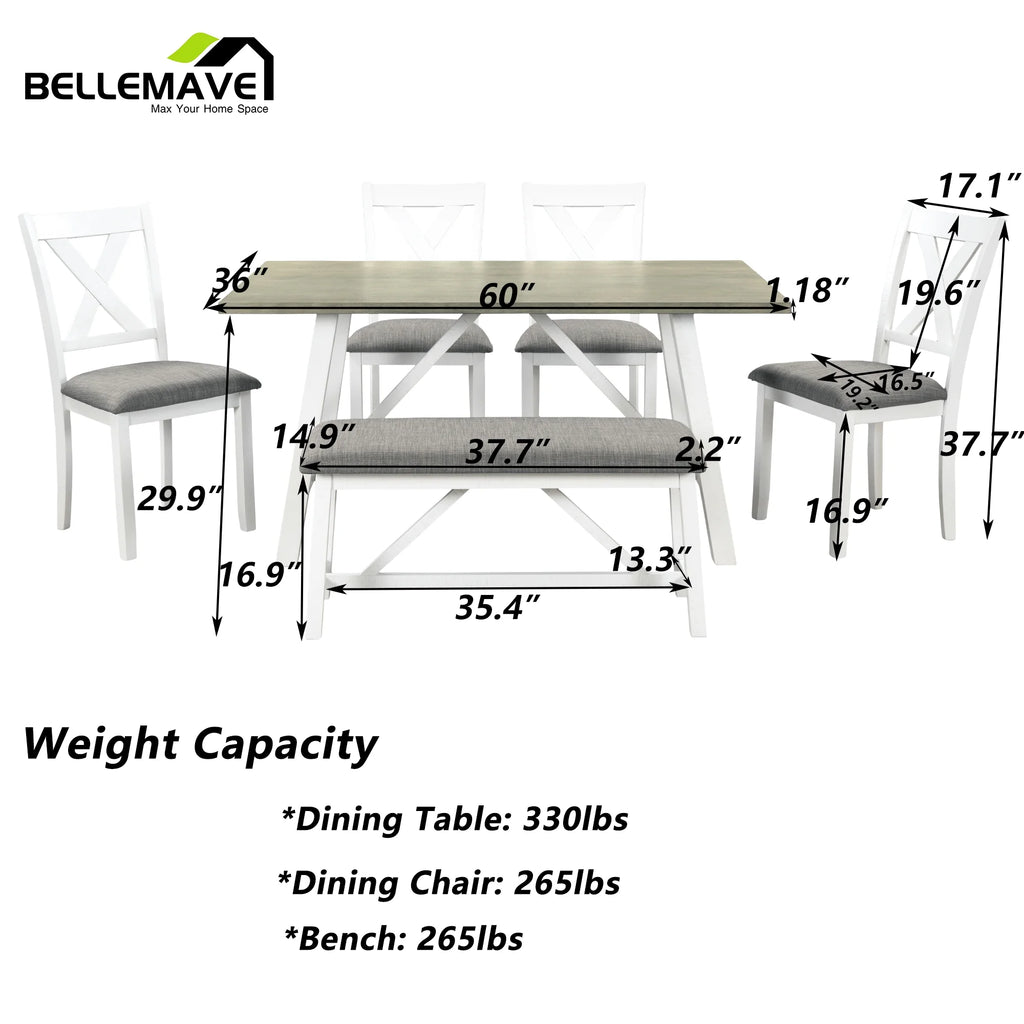 White 6 Piece Wood Counter Height Dining Table Set with 4 Chairs and a Bench R306