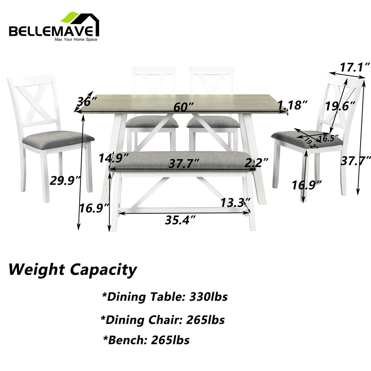 White 6 Piece Wood Counter Height Dining Table Set with 4 Chairs and a Bench R306