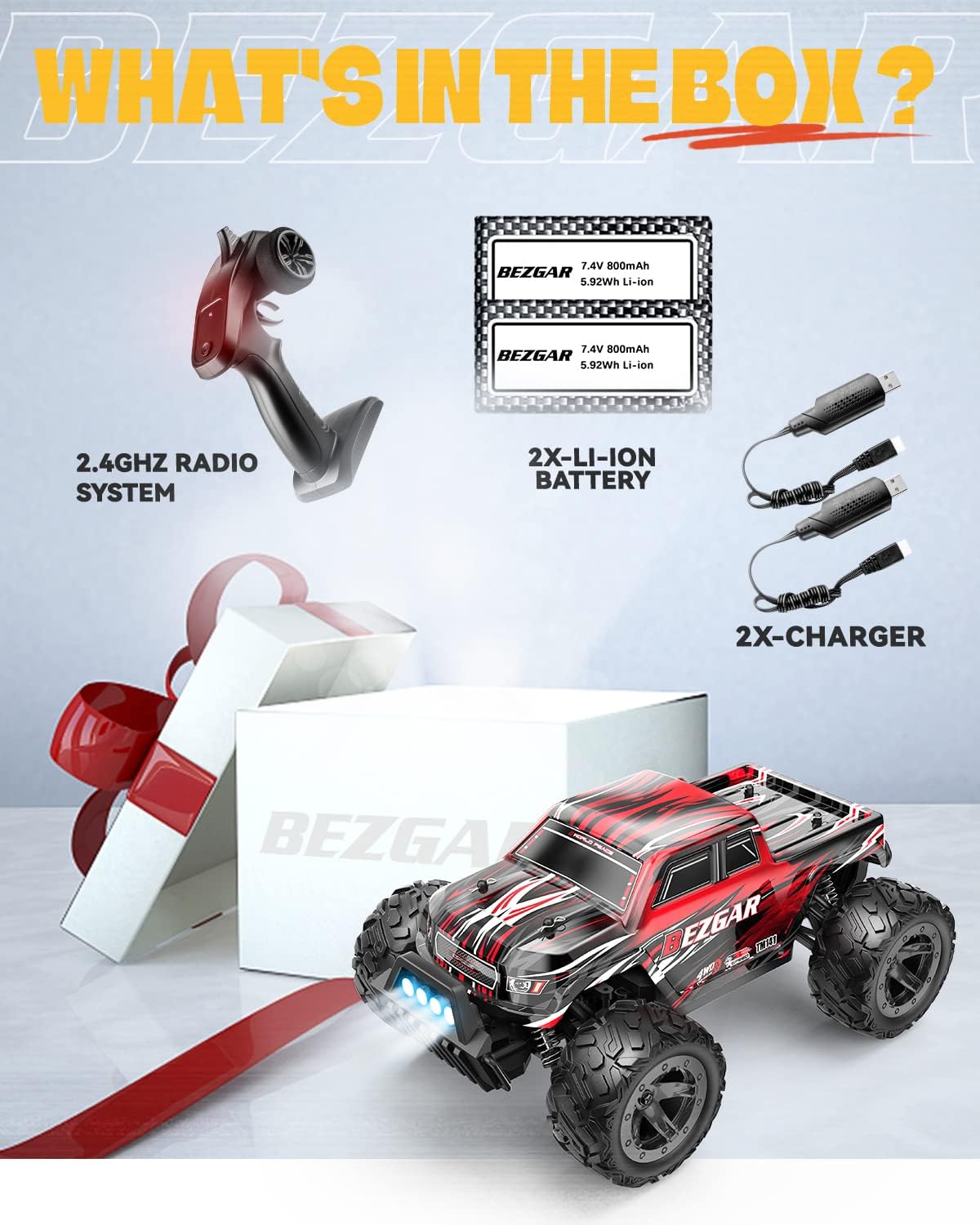 RC Cars 1:14 Scale Remote Control Car, 4WD Top Speed 25 Km/h Electric Toy Off Road RC Car Truck Crawler with Two Rechargeable Batteries F43500