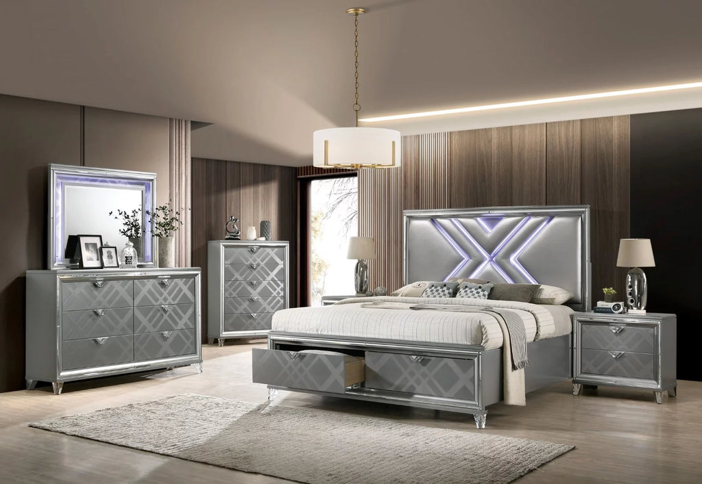 Silver Eastern King Size Bed with LED Dresser Mirror USB 2x Nightstands 5pc Set B35381