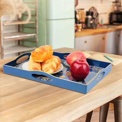 Blue Plastic Serving Tray with Handles, 15.7” x 10.2” x 1.37” U23412