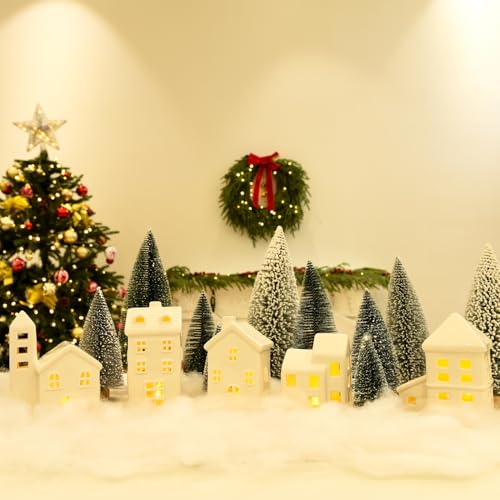 5 Pcs White Houses & 9 Pcs Trees & Fake Snow Ceramic Christmas Village Decorations H50005