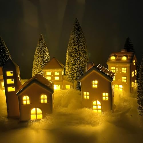 5 Pcs White Houses & 9 Pcs Trees & Fake Snow Ceramic Christmas Village Decorations H50005