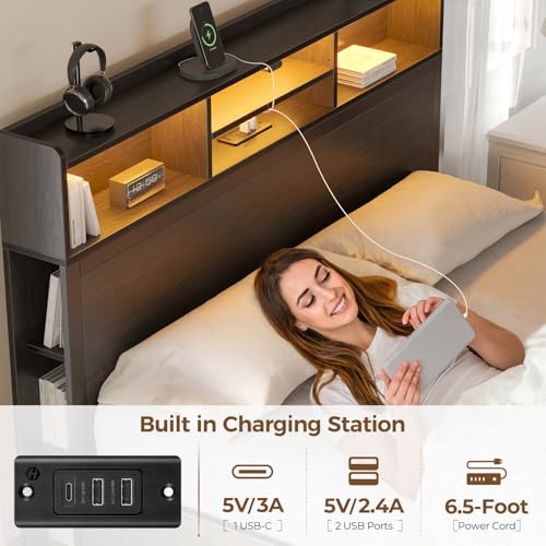 Queen Bed Frame with Storage, 4 Drawer, USB Charging Station, LED Lights, Bookcase Headboard, Black M1663