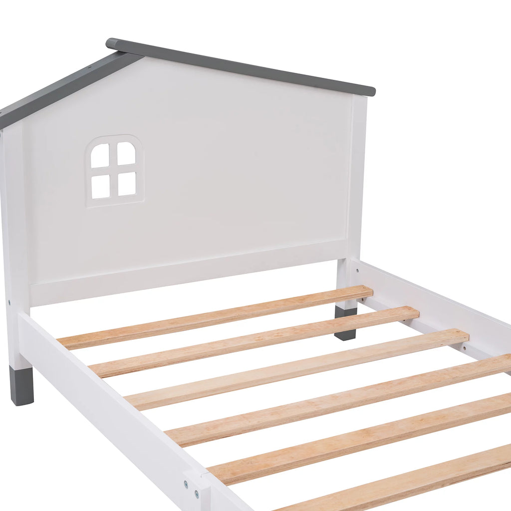 Twin Size Wood Platform Bed with House-Shaped Headboard I8564