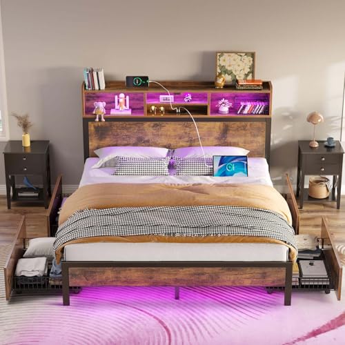 Queen Bed Frame with Storage, 4 Drawer, USB Charging Station, LED Lights, Bookcase Headboard, Black M1663