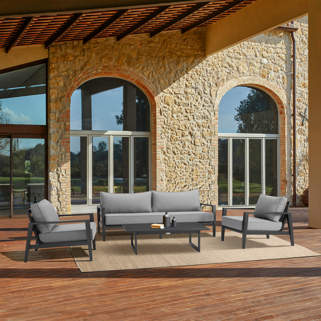 4 Piece Black Aluminum Outdoor Seating Set with Dark Gray Cushions C398557
