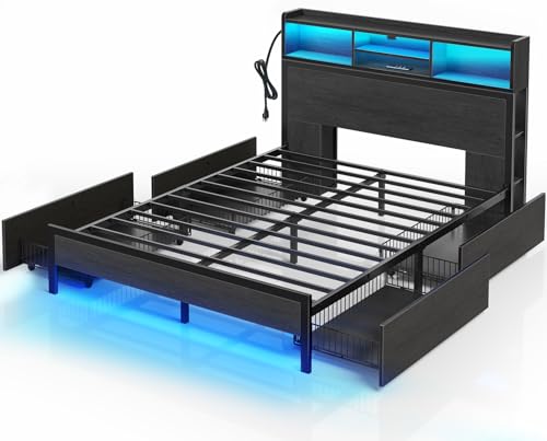 Queen Bed Frame with Storage, 4 Drawer, USB Charging Station, LED Lights, Bookcase Headboard, Black M1663