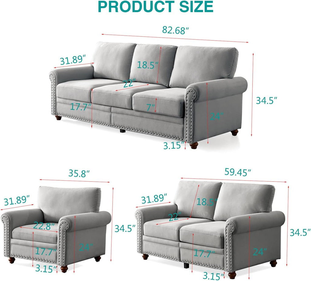 Grey 3-Seat Sofa Set with Storage P4570