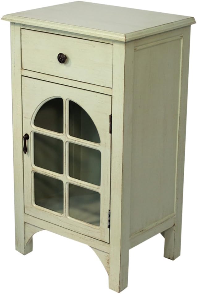 Light Gray Single Drawer Distressed Cabinet with Cathedral Glass Window Inserts I25492