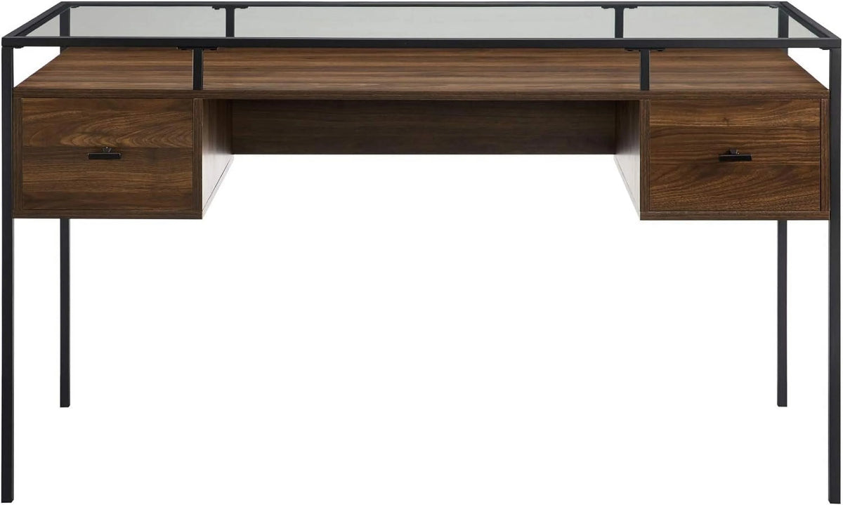 Dark Walnut Glass Top 2 Drawer Computer Desk S33057