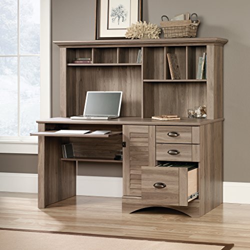 Salt Oak Finish Computer Desk with Hutch and 3-Shelf Bookcase C719