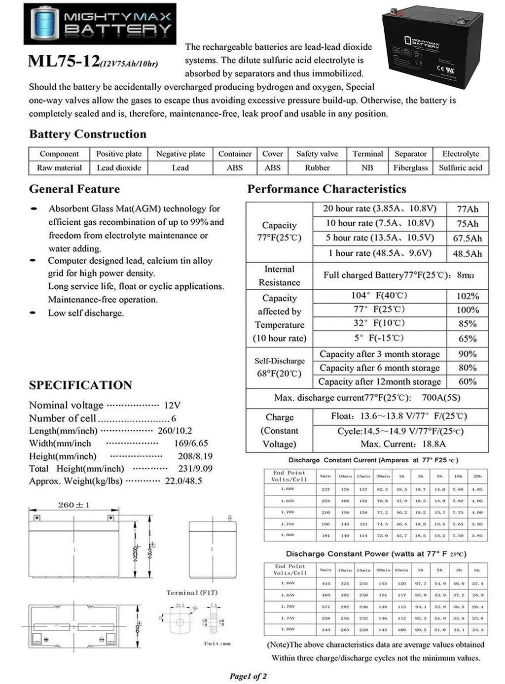 12V 75Ah SLA Battery Y806