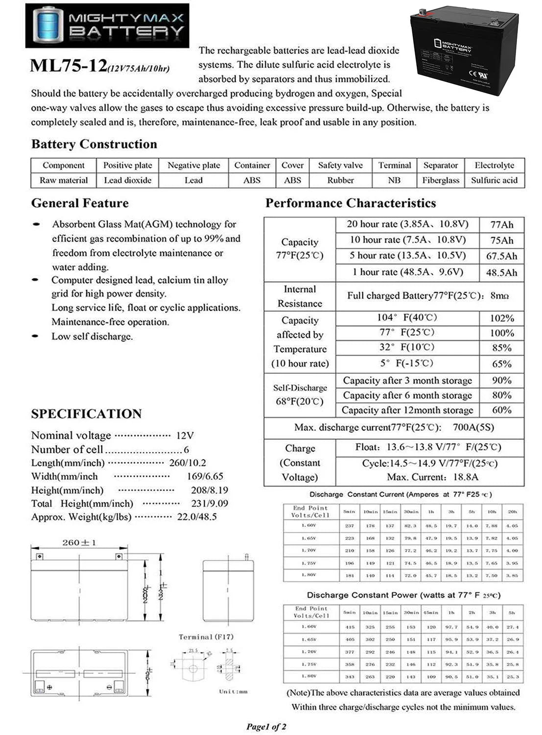 12V 75Ah SLA Battery Y806