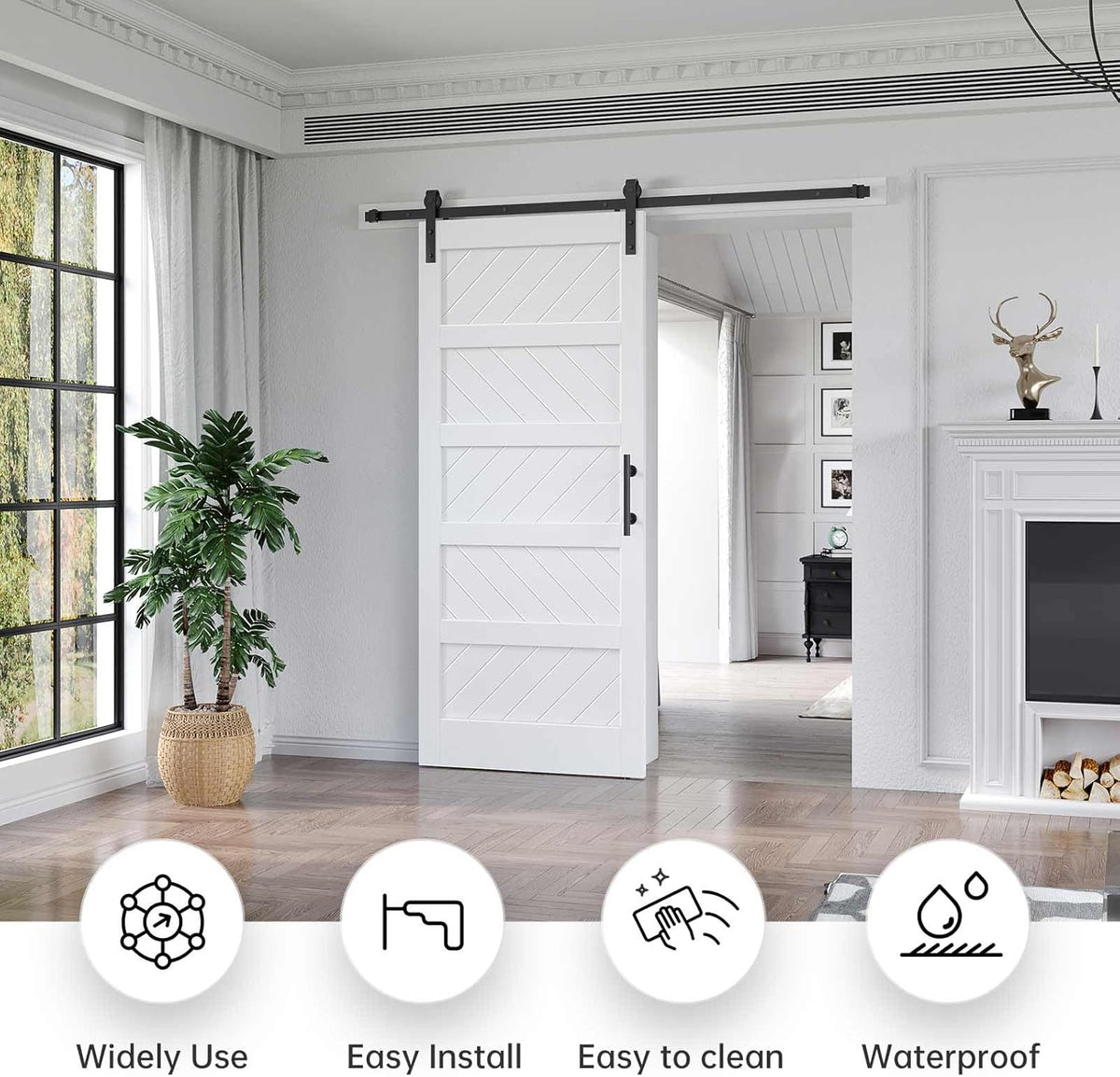 White Barn Door with Sliding Door Hardware Kit, Solid MDF Wood Slab with PVC Surface, 5-Panel M876861