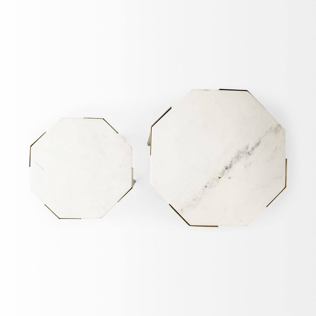 Set of Two White Marble and Iron Hexagonal End Tables D672092