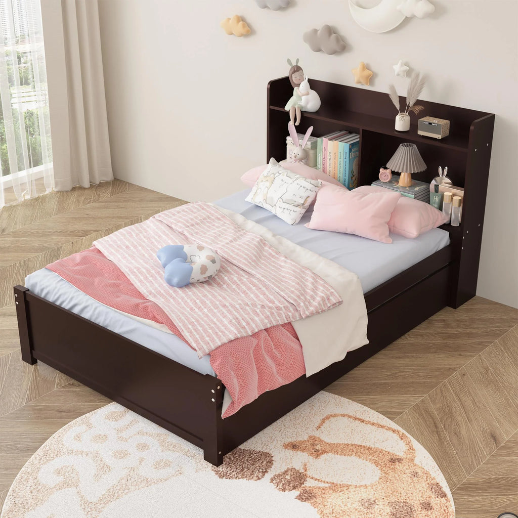 Twin Bed Frame with Trundle and Storage Bookcase, Solid Wood, Espresso Q31391