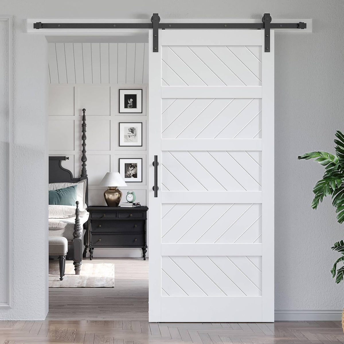 White Barn Door with Sliding Door Hardware Kit, Solid MDF Wood Slab with PVC Surface, 5-Panel M876861