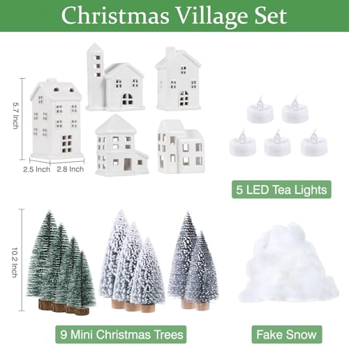 5 Pcs White Houses & 9 Pcs Trees & Fake Snow Ceramic Christmas Village Decorations H50005
