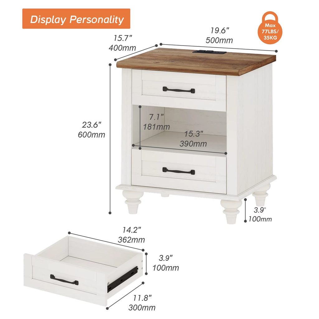 White and Brown Nightstand with Charging Station and Drawer Z8194