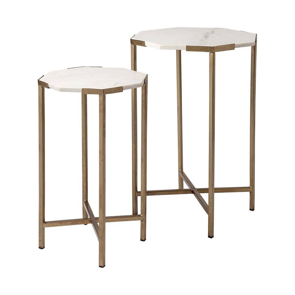 Set of Two White Marble and Iron Hexagonal End Tables D672092