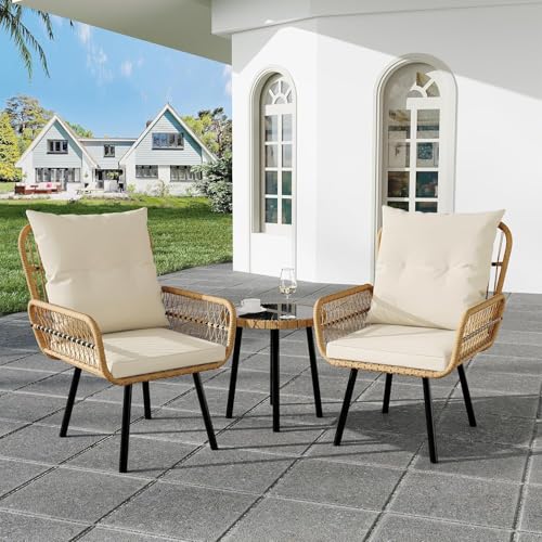 3 Piece All-Weather Wicker Patio Bistro Set with Cushions A31859