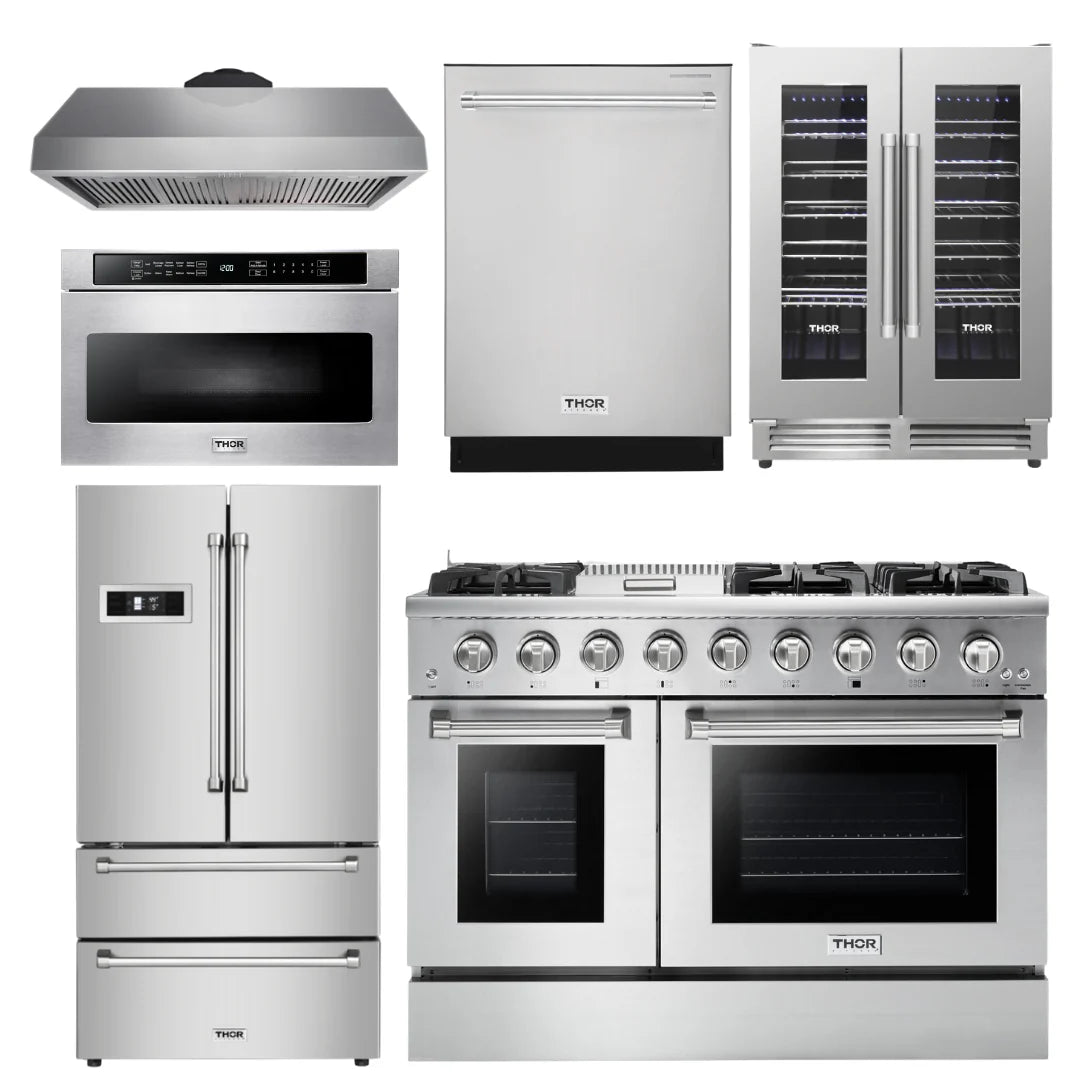 48 in. Gas Range, Range Hood, Refrigerator, Dishwasher, Microwave Drawer, Wine Cooler B44654