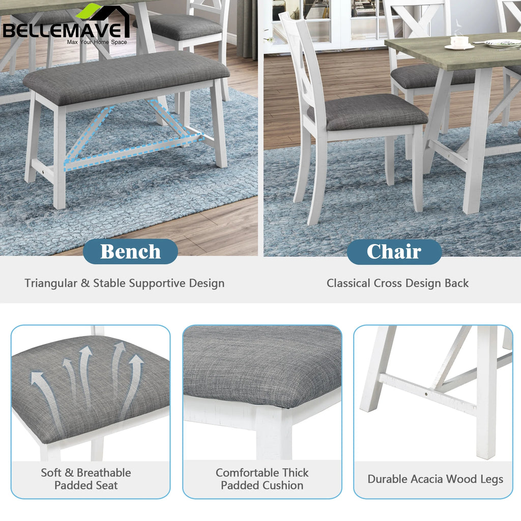 White 6 Piece Wood Counter Height Dining Table Set with 4 Chairs and a Bench R306