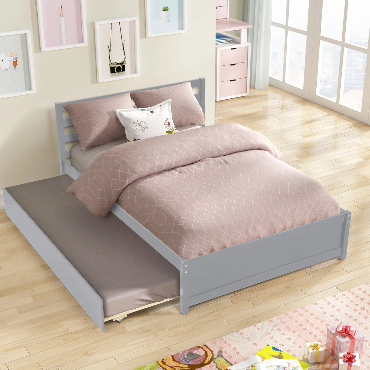 Full Size Wood Platform Bed Frame with Headboard and Trundle K125166