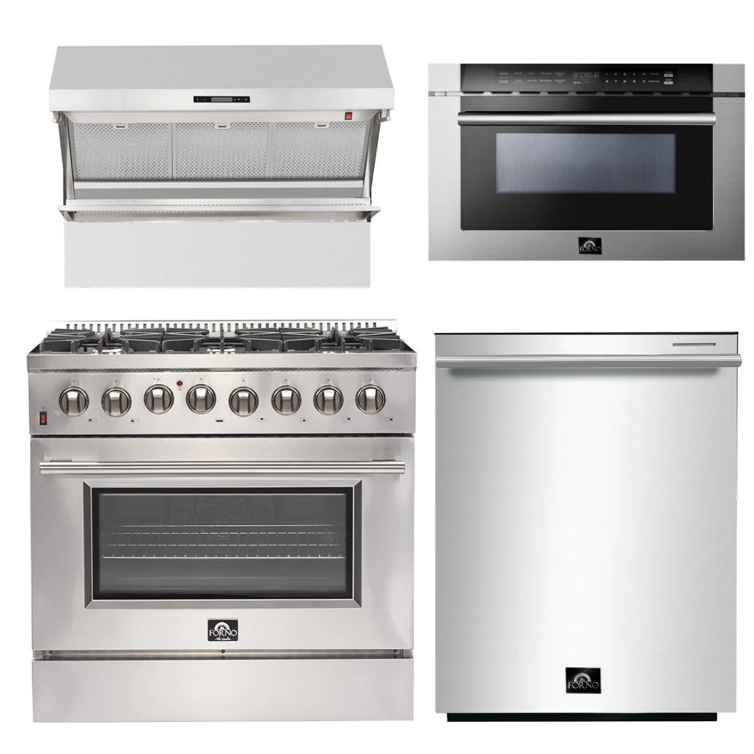36 Inch Dual Fuel Range, Wall Mount Range Hood, Microwave Drawer, Dishwasher E58238