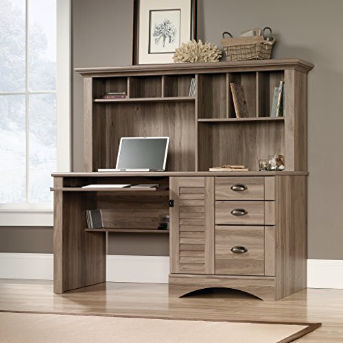 Salt Oak Finish Computer Desk with Hutch and 3-Shelf Bookcase C719