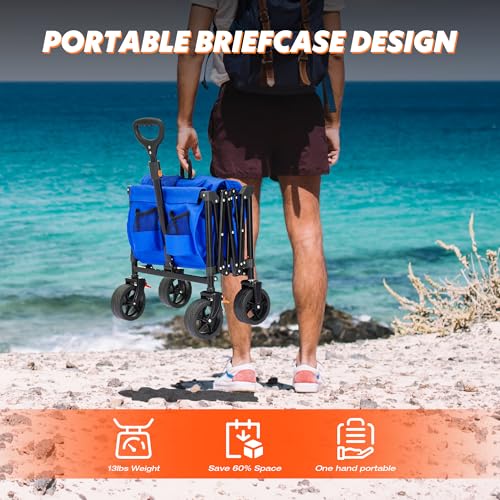 Blue Heavy Duty Collapsible Folding Wagon Cart with All-Terrain Big Wheels V81196