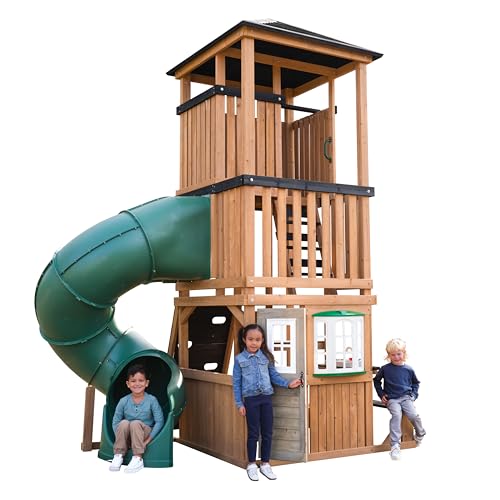 Three-Story Wooden Outdoor Playhouse with Slide K3673