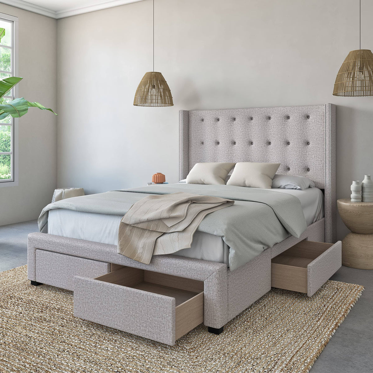 Queen Storage Wingback Bed Beige R5936