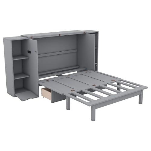 White Solid Wood Murphy Bed with Bookcase and Drawers K5829