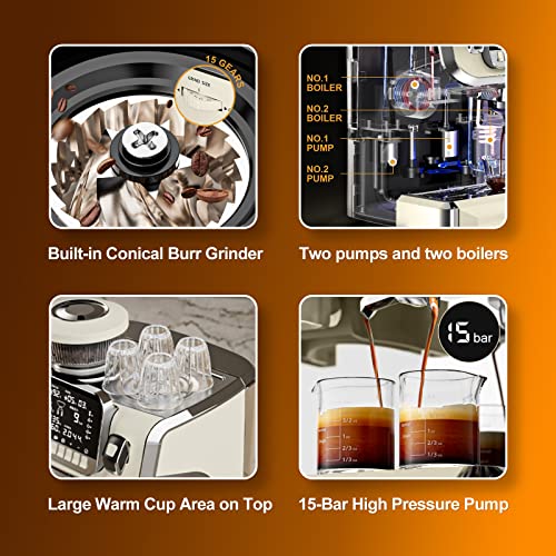 Espresso Machine with Milk Frother, Semi Automatic Coffee Machine with Grinder, 15 Bar Pressure Pump T50985
