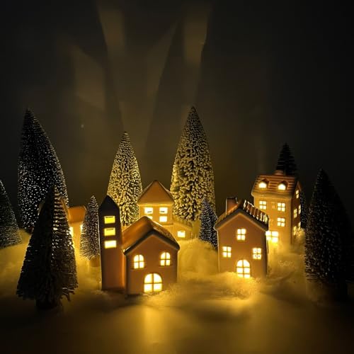 5 Pcs White Houses & 9 Pcs Trees & Fake Snow Ceramic Christmas Village Decorations H50005