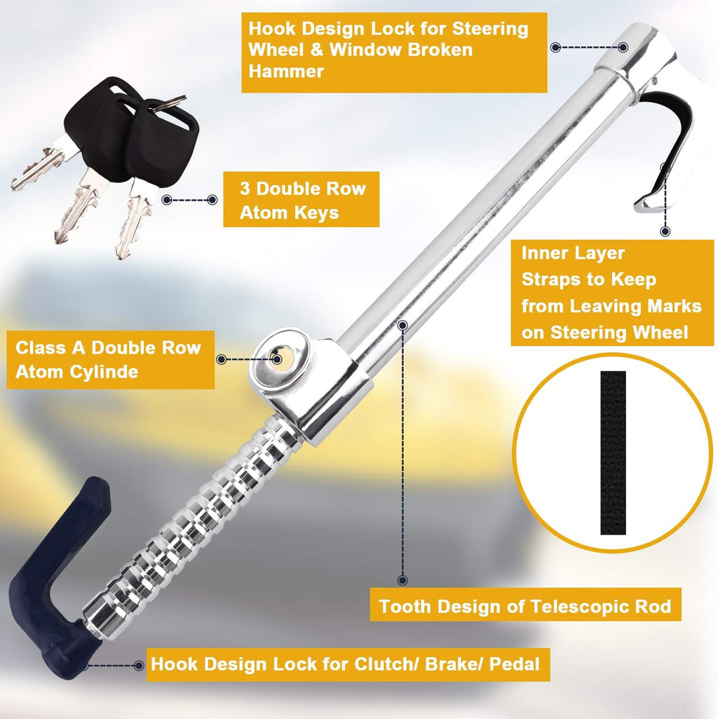 Universal Steering Wheel Brake Lock Retractable Double Hook Car Clutch Pedal Lock with 3 Keys I8264