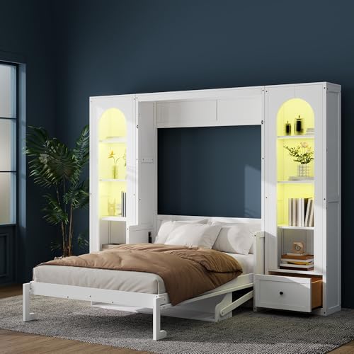 White Queen Size Wood Murphy Bed with Desk and Storage F695