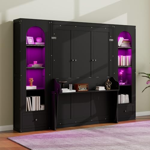 White Queen Size Wood Murphy Bed with Desk and Storage F695