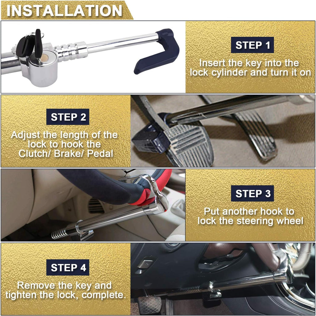 Universal Steering Wheel Brake Lock Retractable Double Hook Car Clutch Pedal Lock with 3 Keys I8264