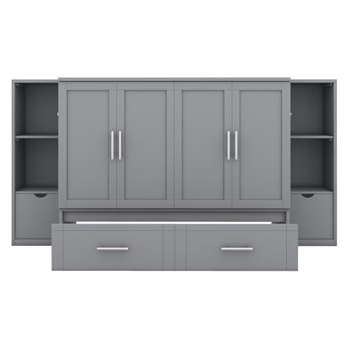 White Solid Wood Murphy Bed with Bookcase and Drawers K5829