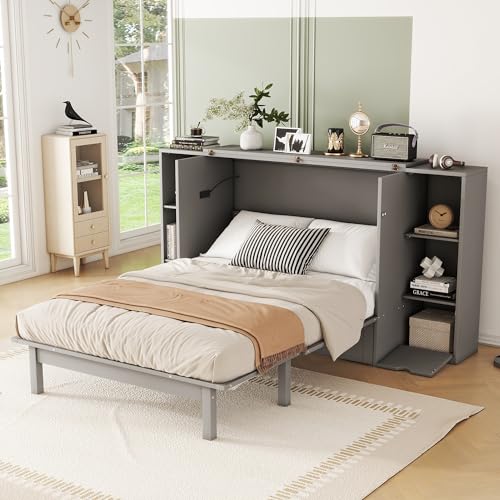 White Solid Wood Murphy Bed with Bookcase and Drawers K5829