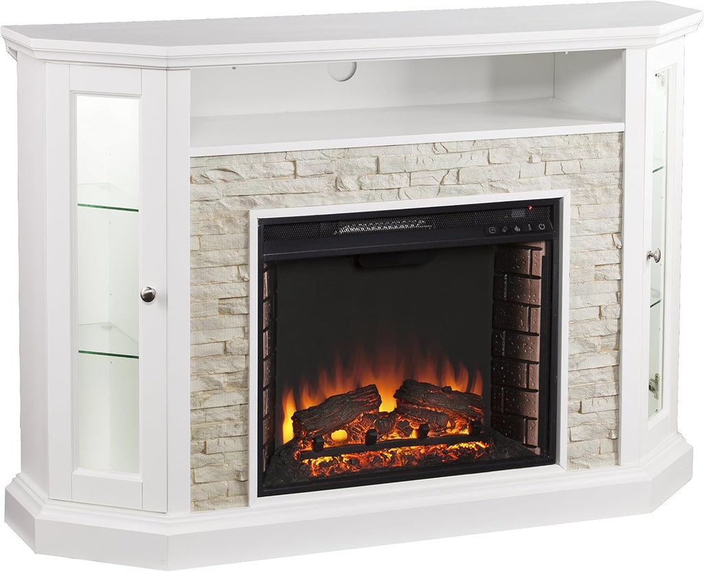 Fresh White Faux Stone Electric Media Storage Corner Fireplace P555