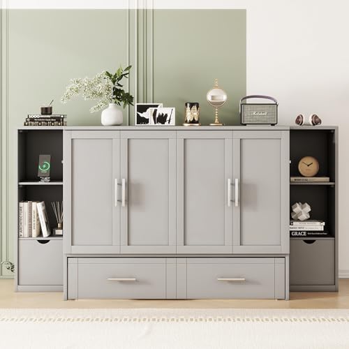 White Solid Wood Murphy Bed with Bookcase and Drawers K5829