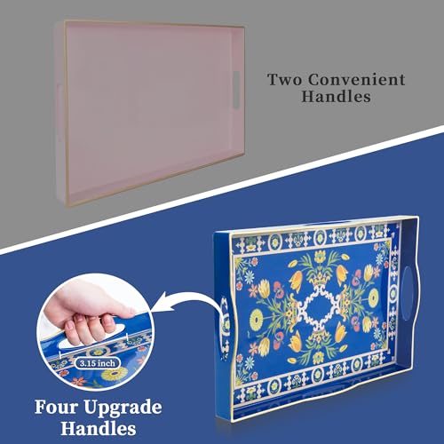Blue Plastic Serving Tray with Handles, 15.7” x 10.2” x 1.37” U23412