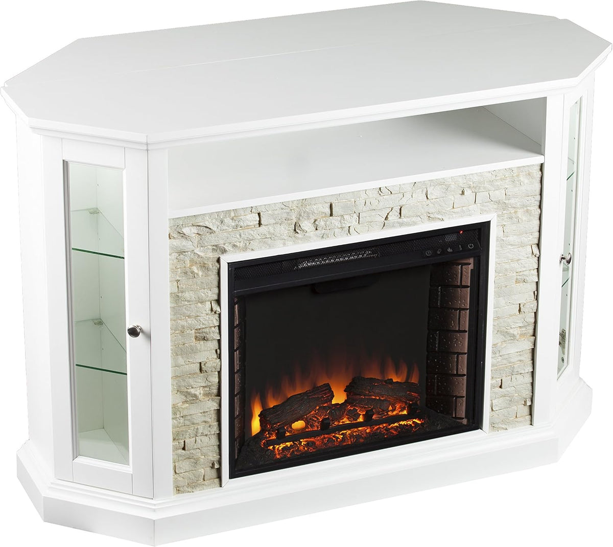 Fresh White Faux Stone Electric Media Storage Corner Fireplace P555