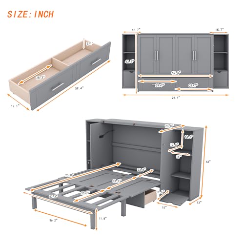 White Solid Wood Murphy Bed with Bookcase and Drawers K5829