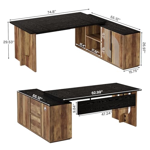 74.8" L Shaped Computer Desk with Shelves and CPU Storage, Black and Brown I1544